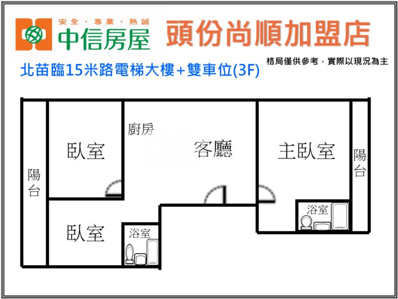 北苗臨15米路電梯大樓+雙車位(3F)房屋室內格局與周邊環境